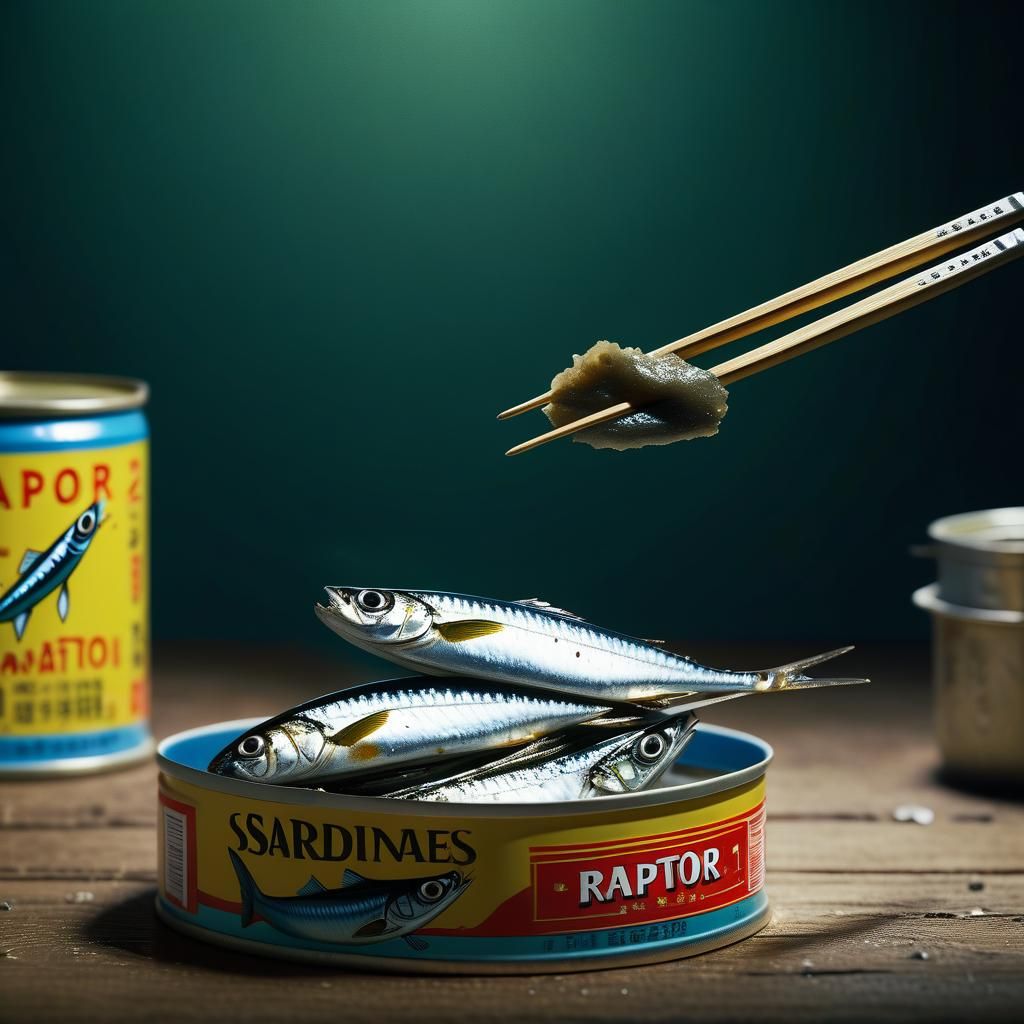 Chopsticks Hold Sardine in Cinematic Still