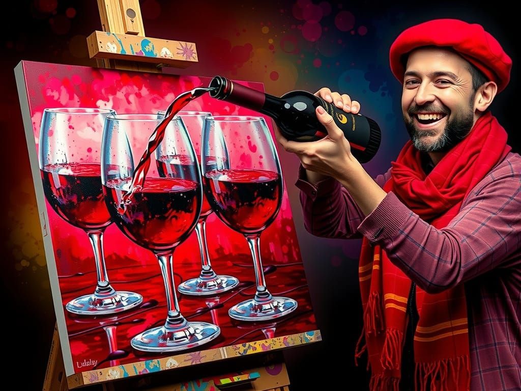 Artist Painting Wine Glasses in Splash Art Style