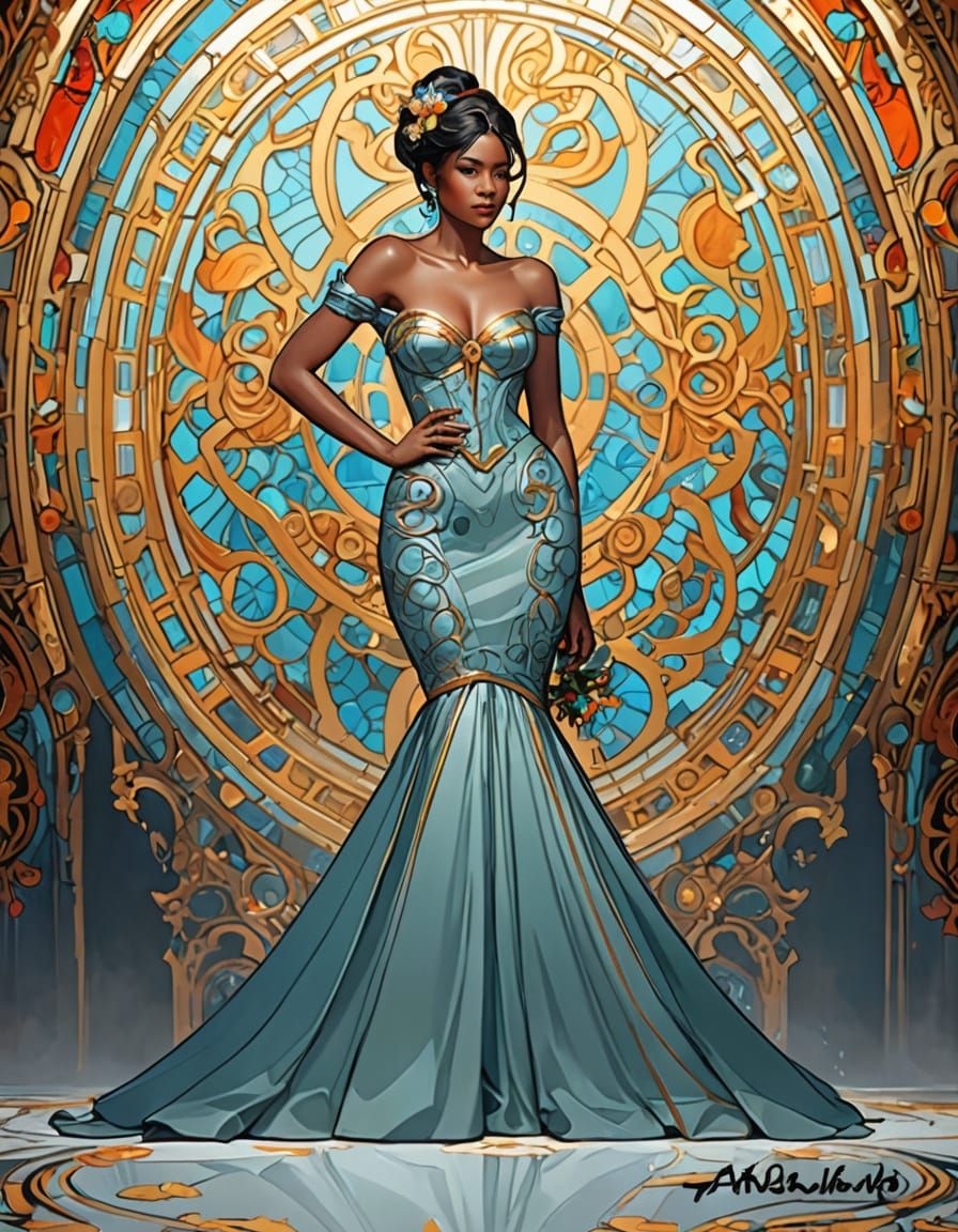 Runway Model Portrait in Alphonse Mucha Style