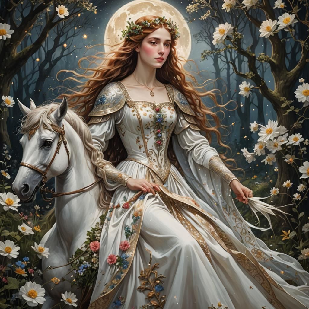 Medieval Woman on Unicorn in Moonlit Forest