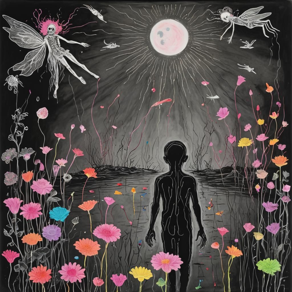 Kids Crayon drawing of the underworld  ,surreal (child's drawing )of the under world,  Death, the River Styx , with dead...