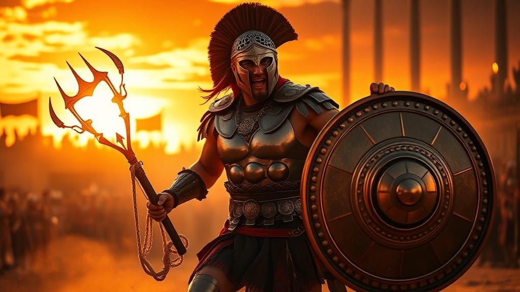 Epic Retiarius in Golden Light, Armed and Ready for Battle