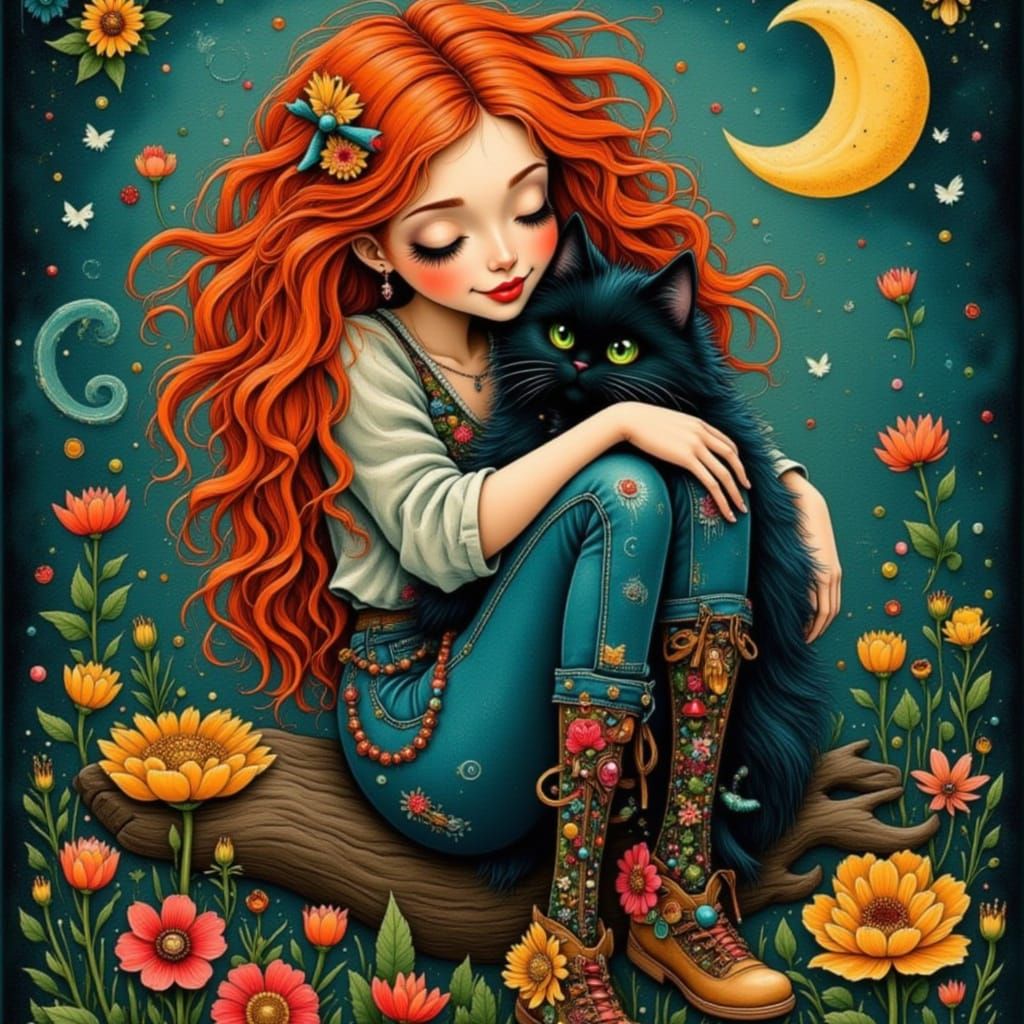Bohemian Witch and Cat in Genie Fine Art Style