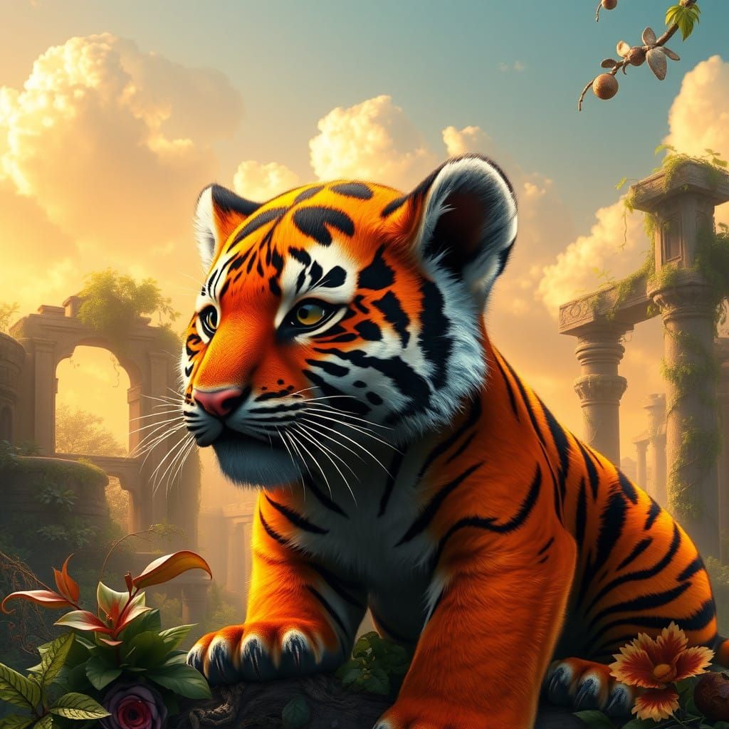 Majestic Baby Tiger in Vibrant, Enchanted Landscape