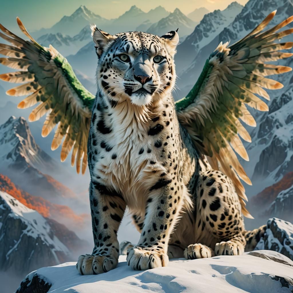 Winged Snow Leopard on Misty Mountain Peak