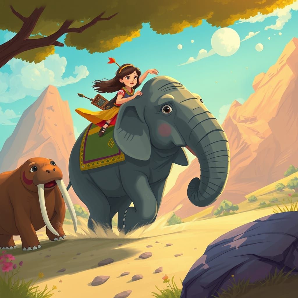 Girl's Fantastical Journey with Elephant and Walrus