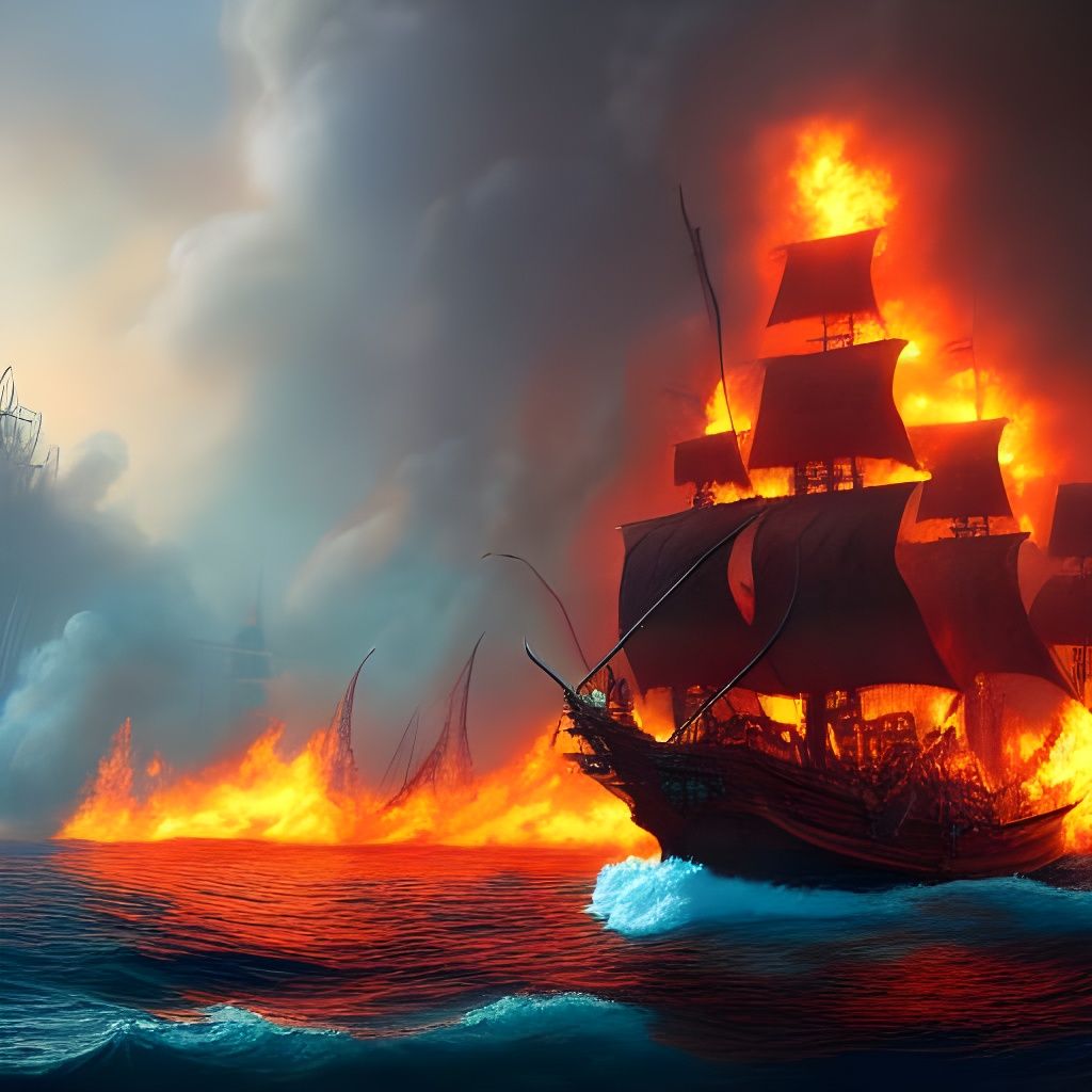 Pirate Ship Engulfed in Flames: Fantasy Concept Art
