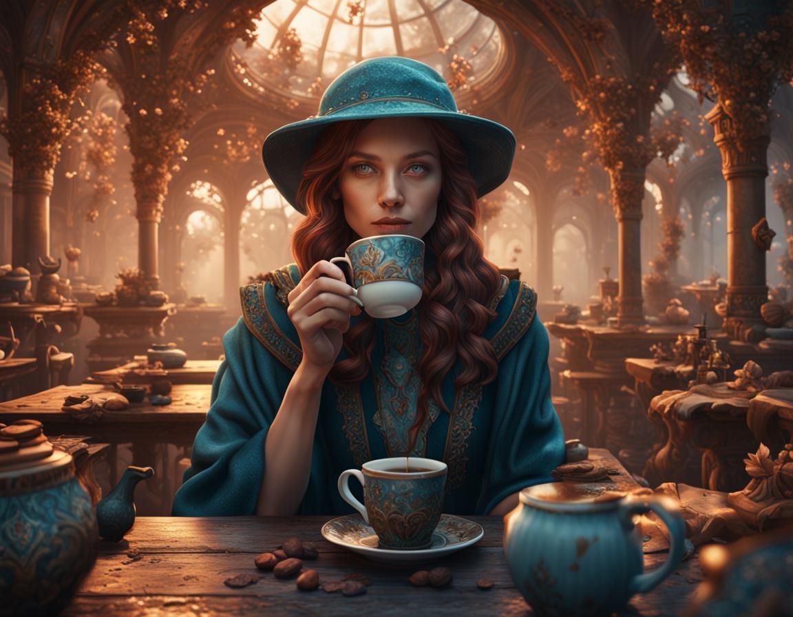 Fantasy Art: Woman Drinking Coffee, Matte Painting