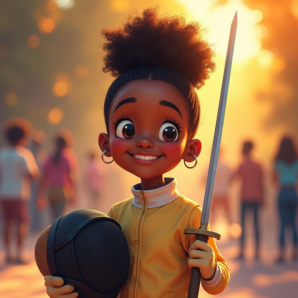 Cheerful Black Teenager in Fencing Uniform Takes a Break