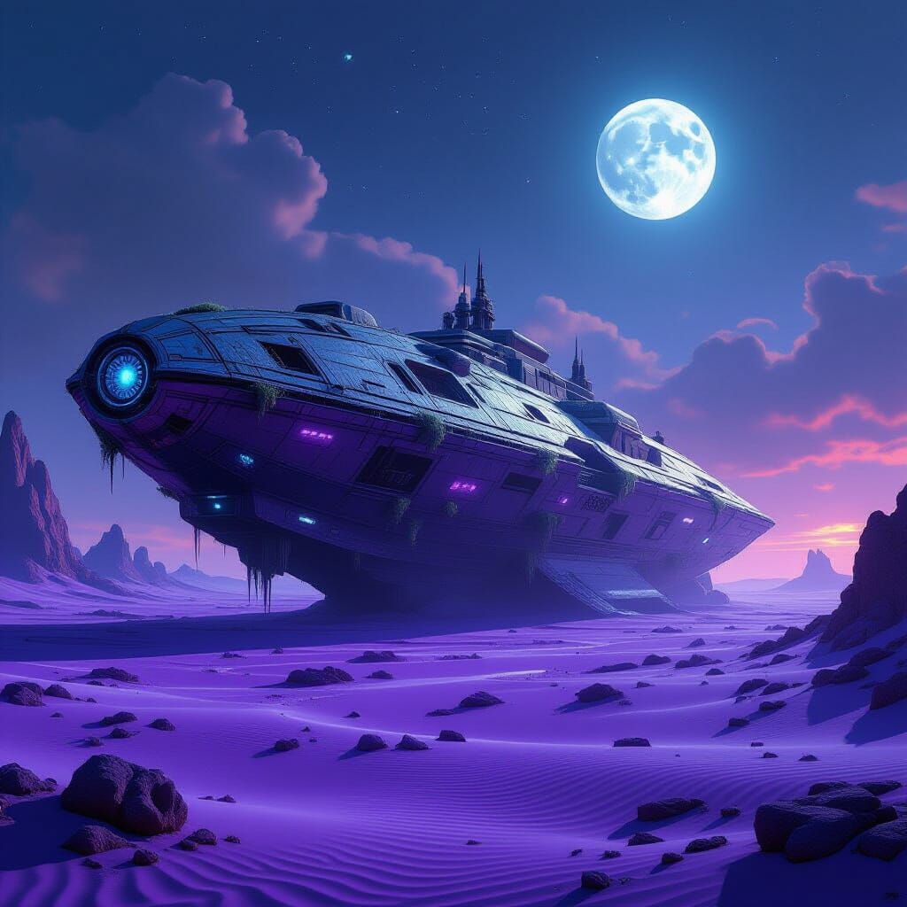 Ancient Spaceship in Bioluminescent Desert Under Twin Moons