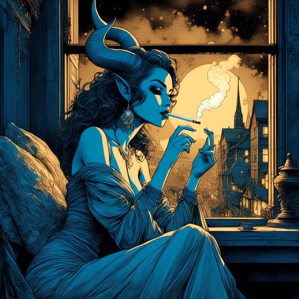 Blue Tiefling Woman Smoking in Fantasy Street