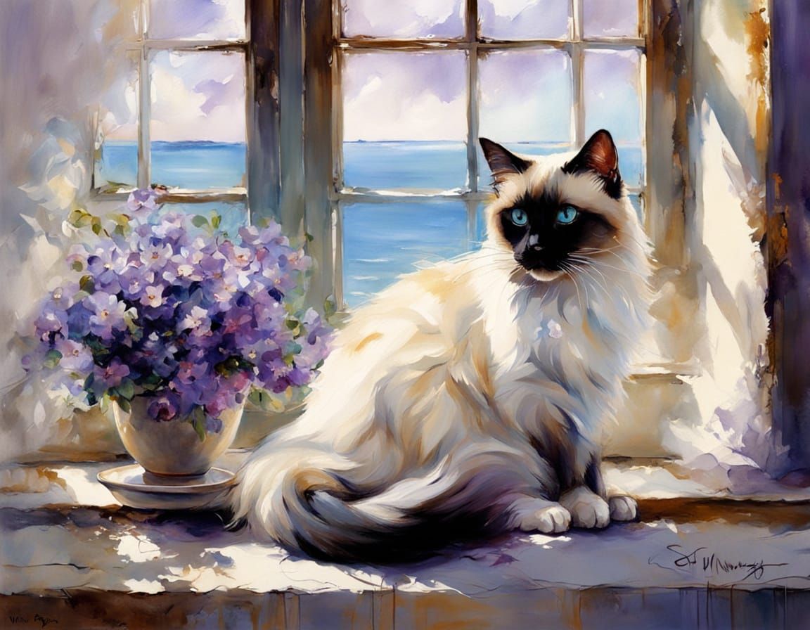 Siamese Cat on Windowsill with Ocean View, Purple Flowers