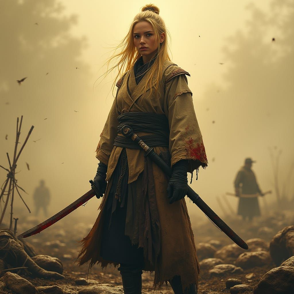 Golden-Haired Ninja on Battlefield in Hyperrealistic Style