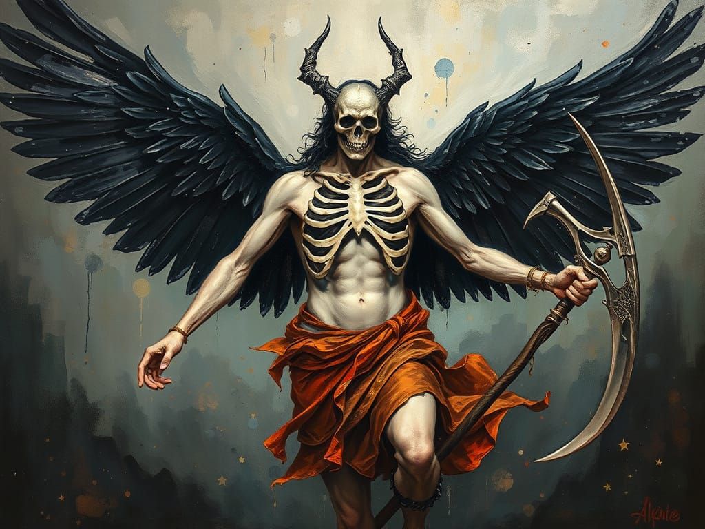 Mysterious Neo-Impressionist Death God Flies with Dark Wings