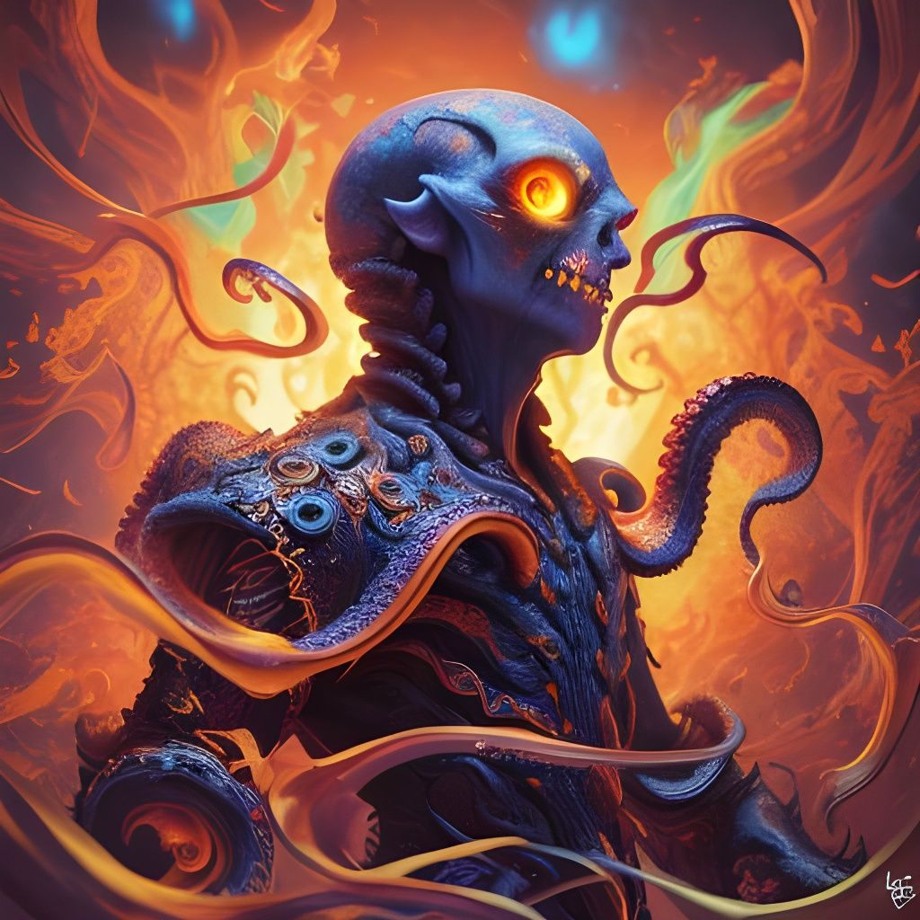 Malevolent Undead Octopus Contemplates Psychedelic Fire