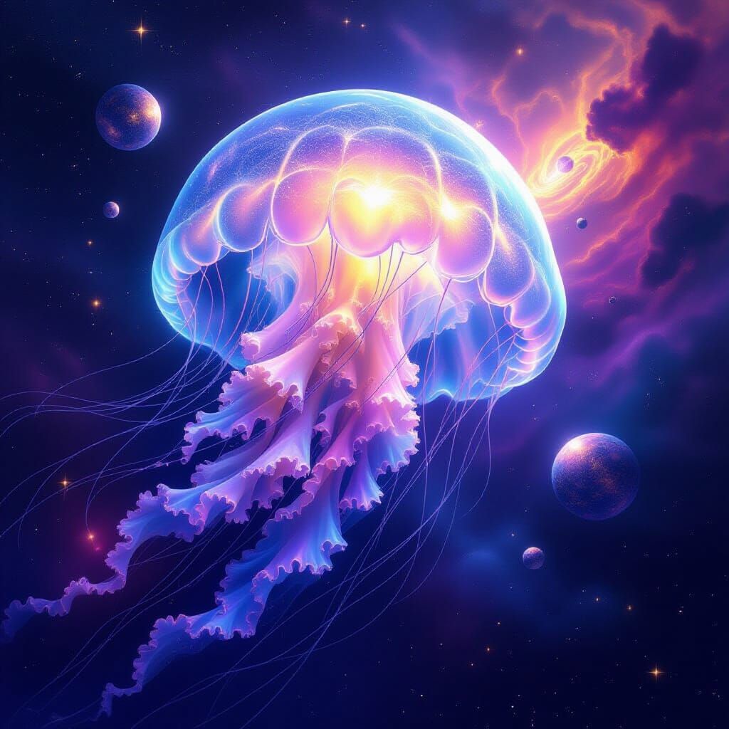 Bioluminescent Jellyfish in Cosmic Nebula, Crystalline Plane...