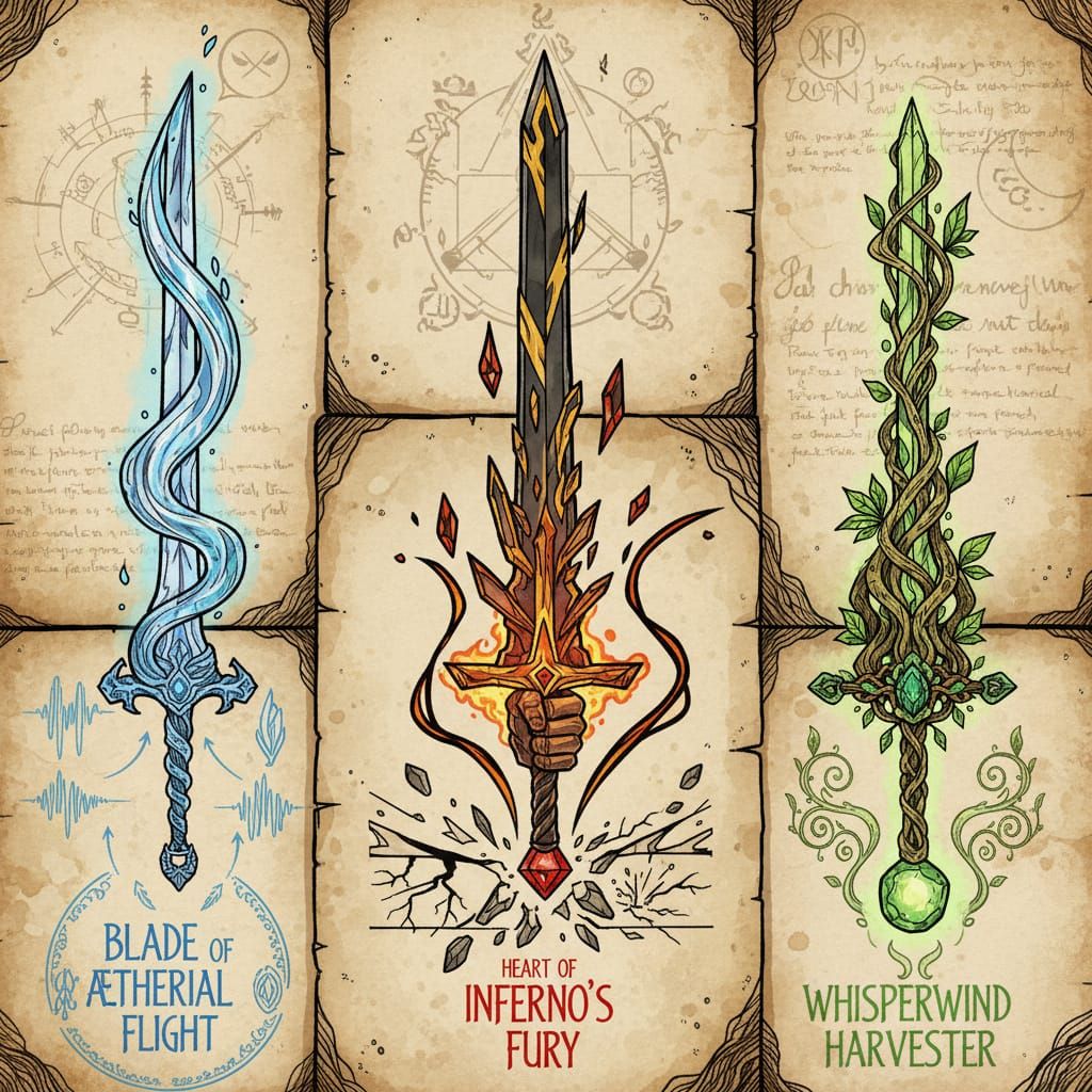 Magical Fantasy Swords Illustrated on Aged Grimoire Pages