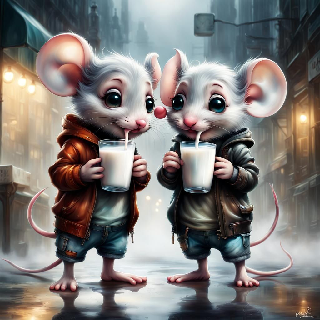 two Chibi mice drinking milk