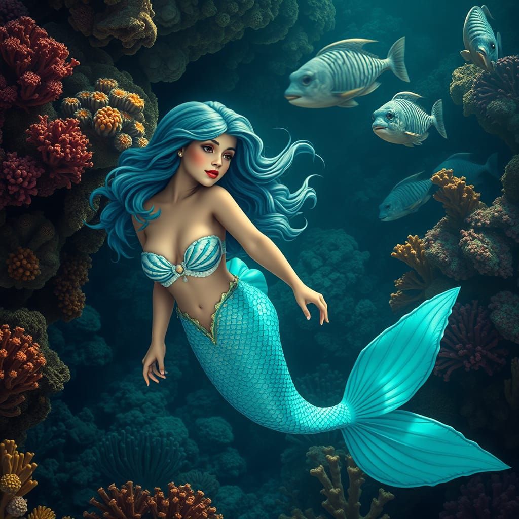 Turquoise Mermaid in Coral Reef Art