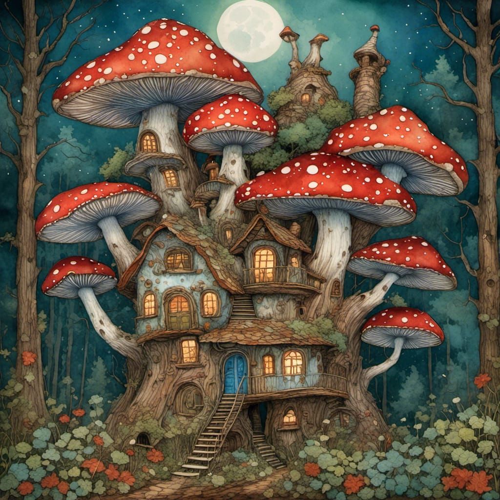 Whimsical Mushroom House in Dark Forest, Watercolor Style
