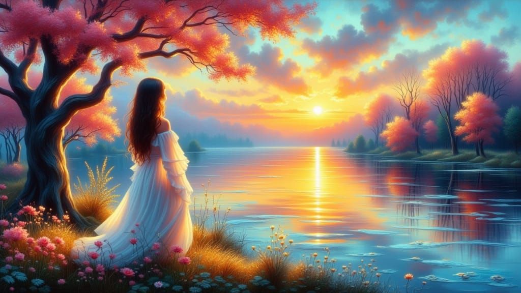 Impressionistic Woman at Sunset in Pink and Blue