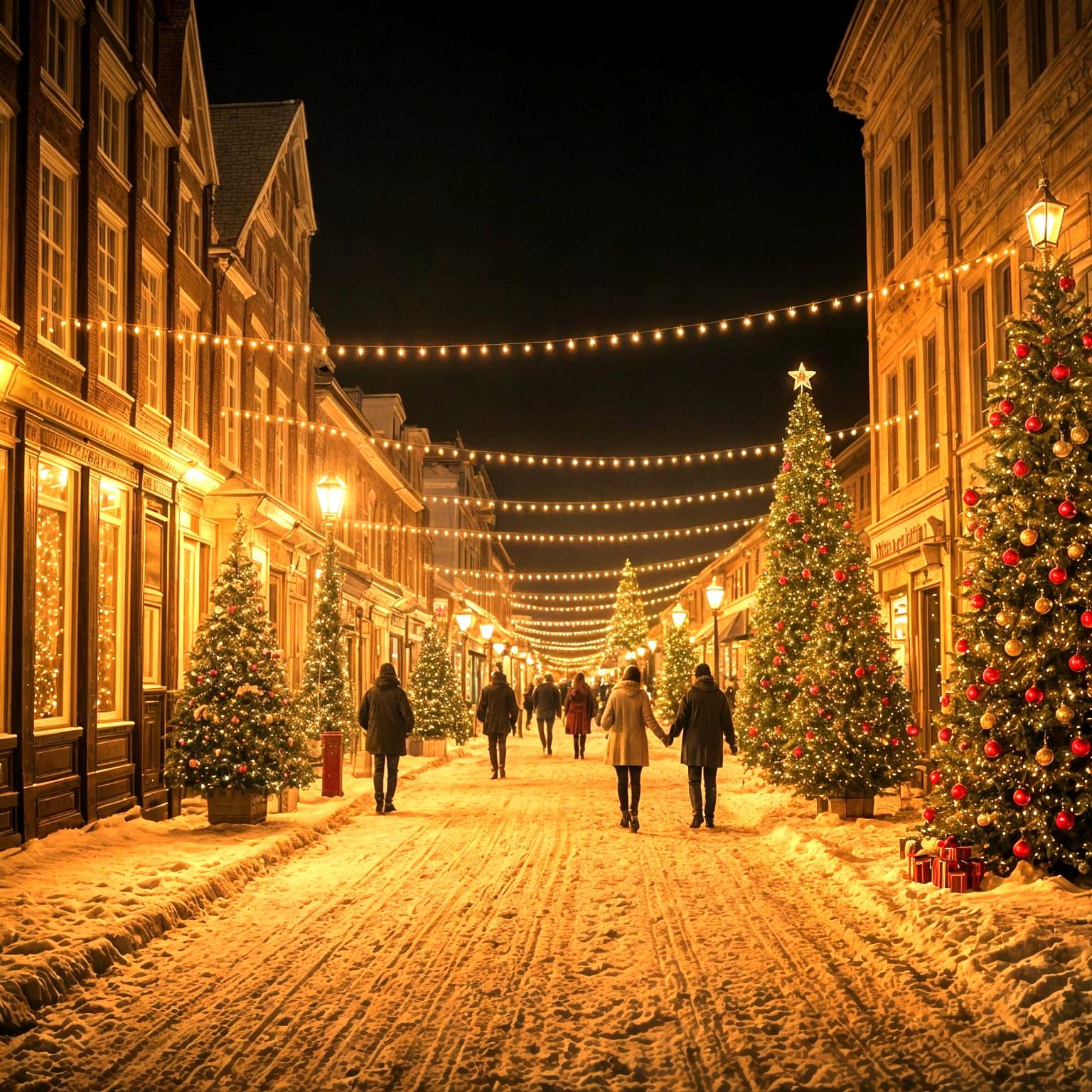 Cozy Christmas Evening Street Scene with Happy People