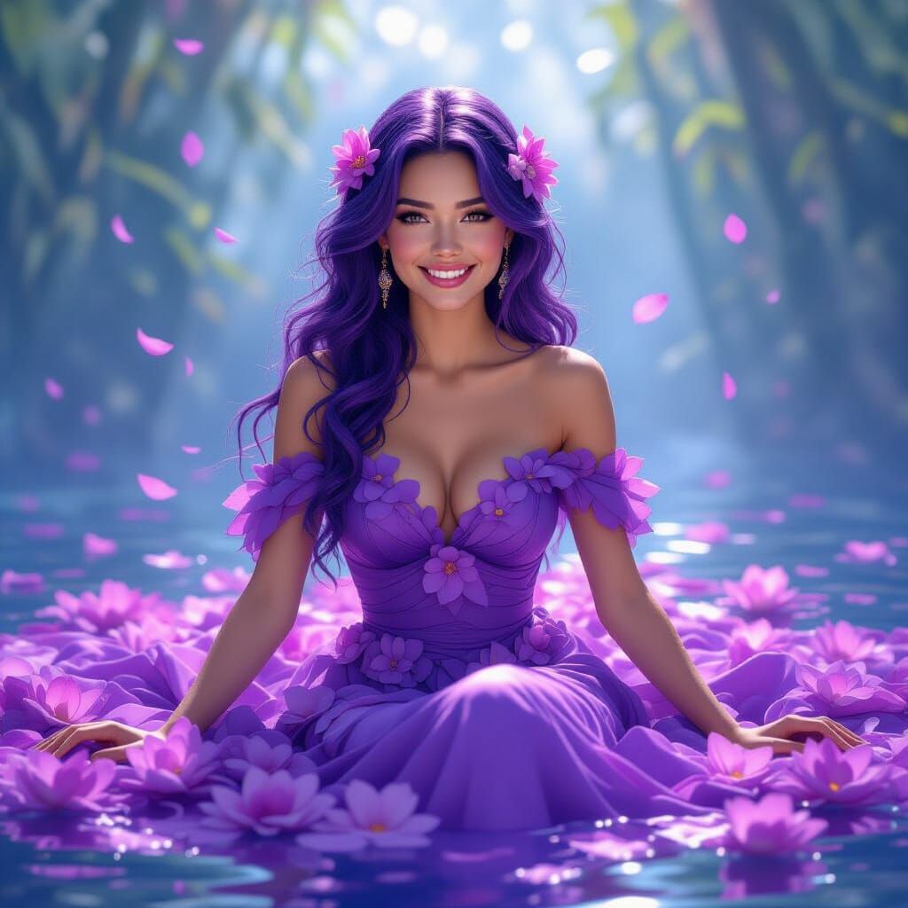 Purple Woman in Flower Petal Dress Amidst Silk
