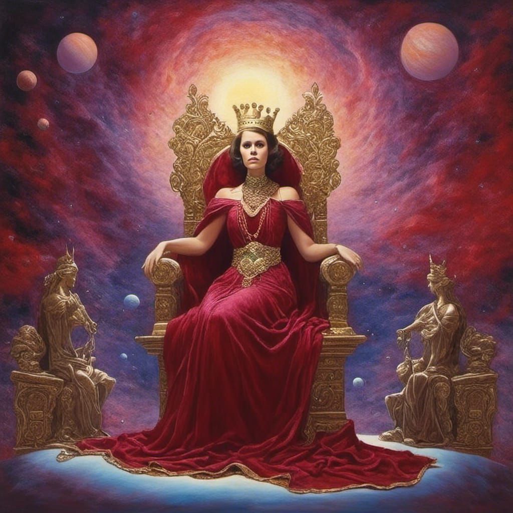 Beautiful Young Queen with Earth on Space Throne