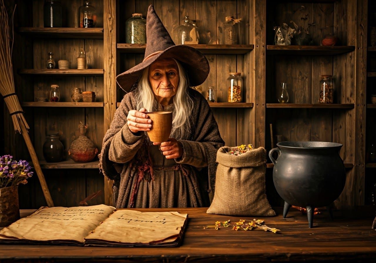Mystical Witch Recipe in Rustic Hut