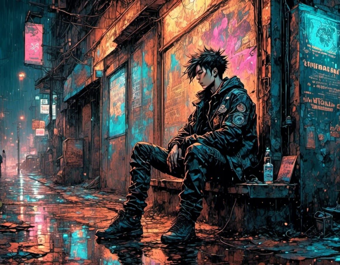 Cyberpunk Punk in Rainy Alleyway