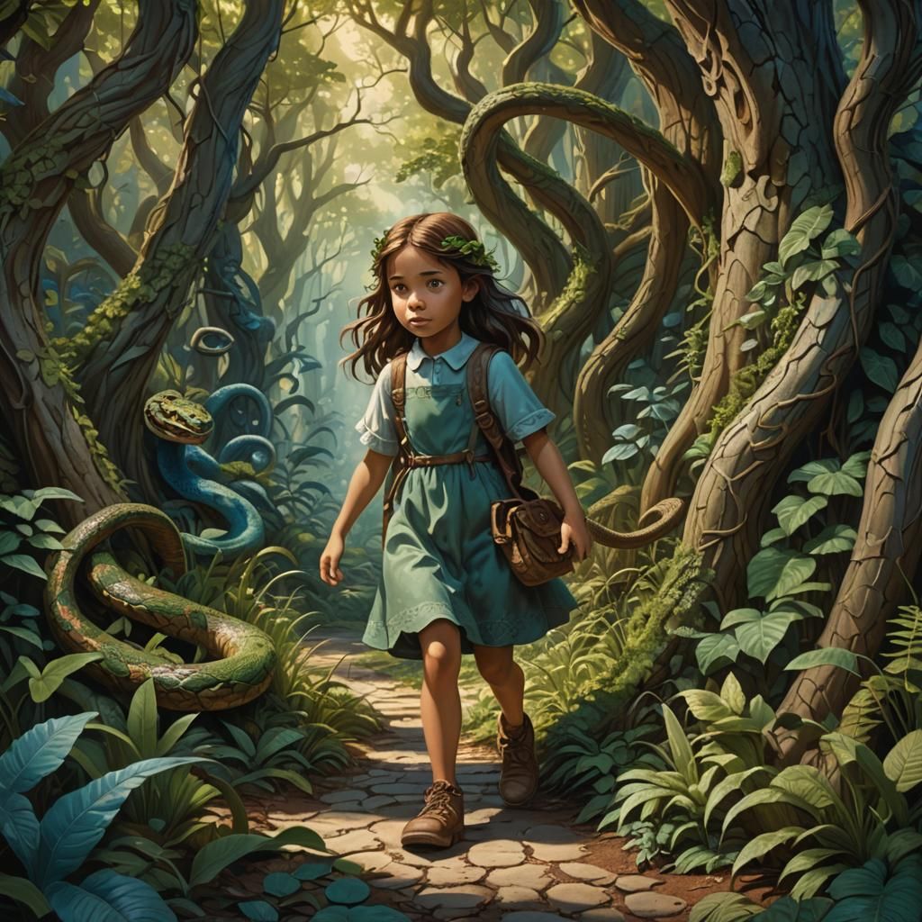 Girl in Forest with Snakes: Fantasy Concept Art