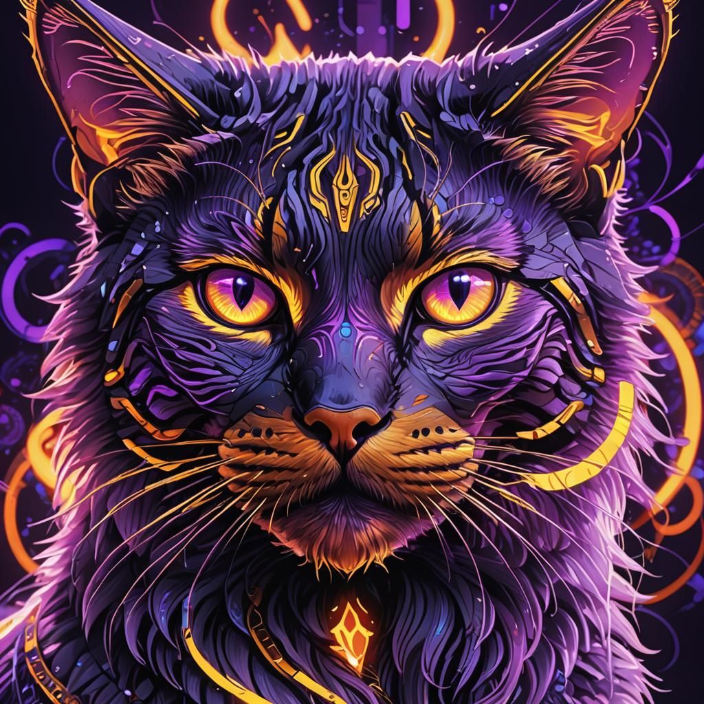 Cyberpunk Cat Portrait with Fiery Eyes
