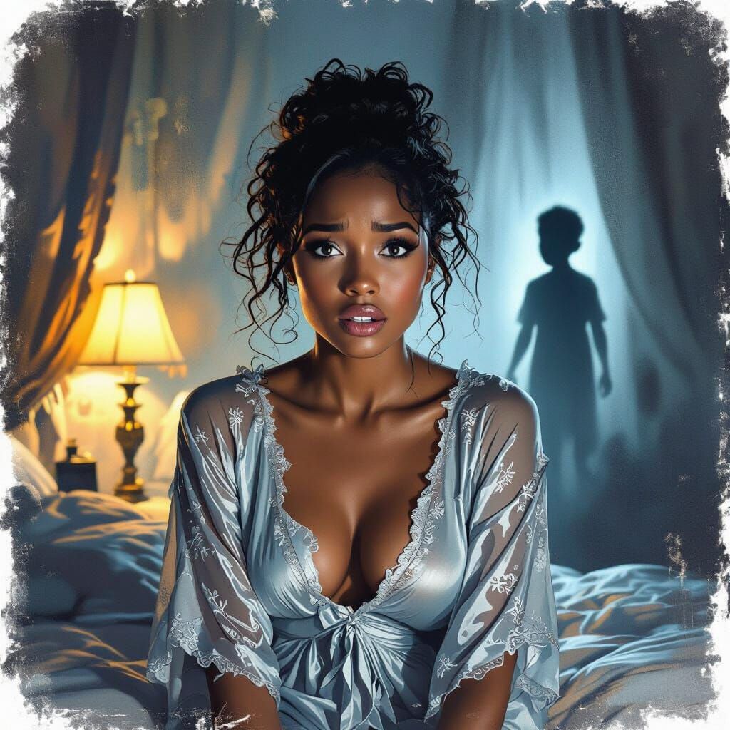 Frightened Woman in Shadowy Room, Rembrandt-inspired Lightin...