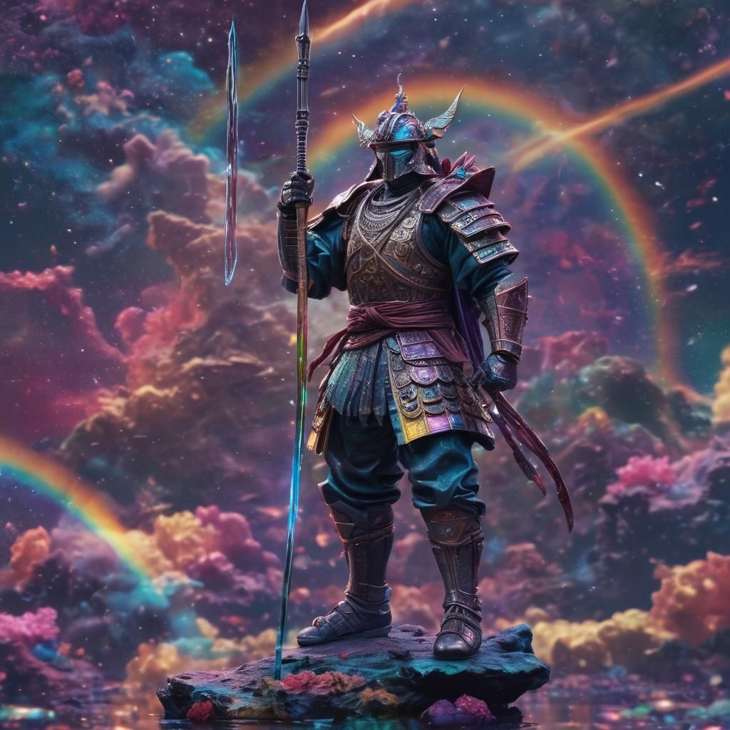 Bismuth Samurai with Rainbow Space Scene, Holographic Art