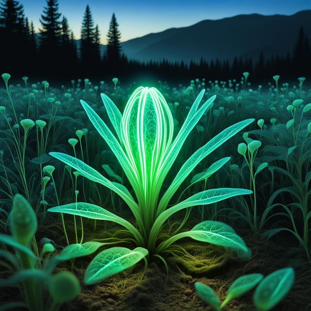 Bio-Luminescent Alien Plants in a Meadow