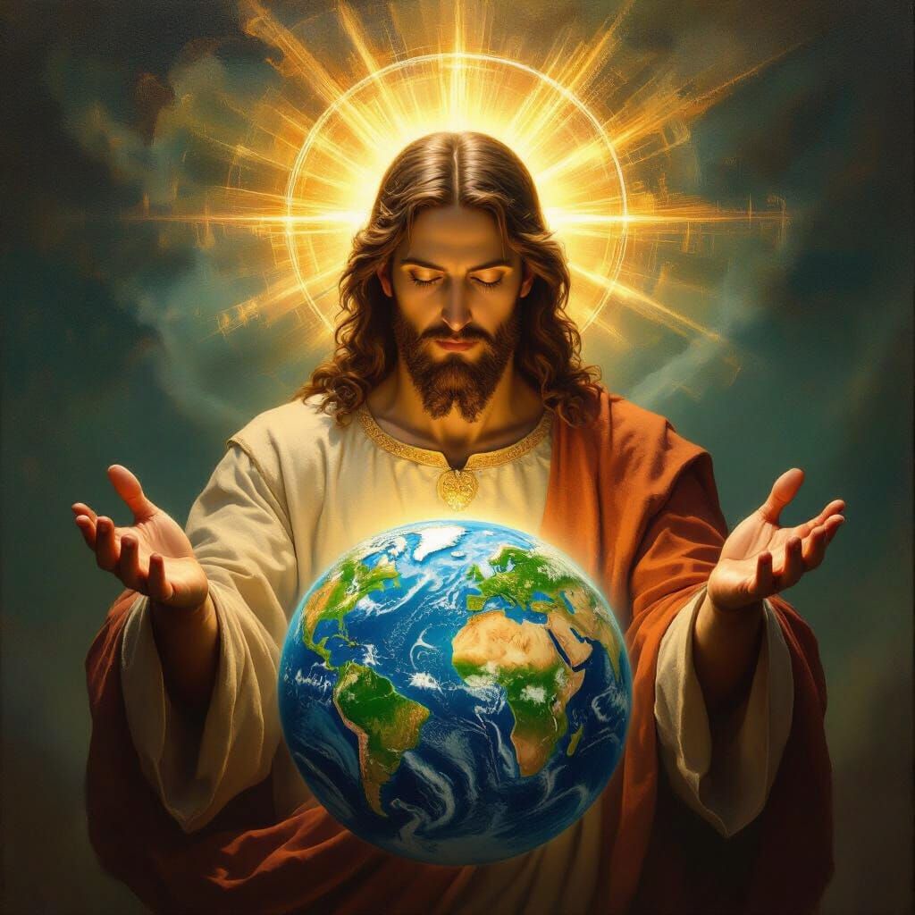 Divine Figure Bestows Blessing on Earth in Renaissance Oil P...