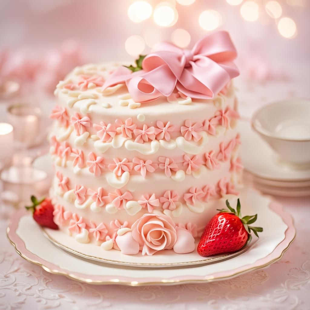Delicate Pink Strawberry Vintage Cake with Bows