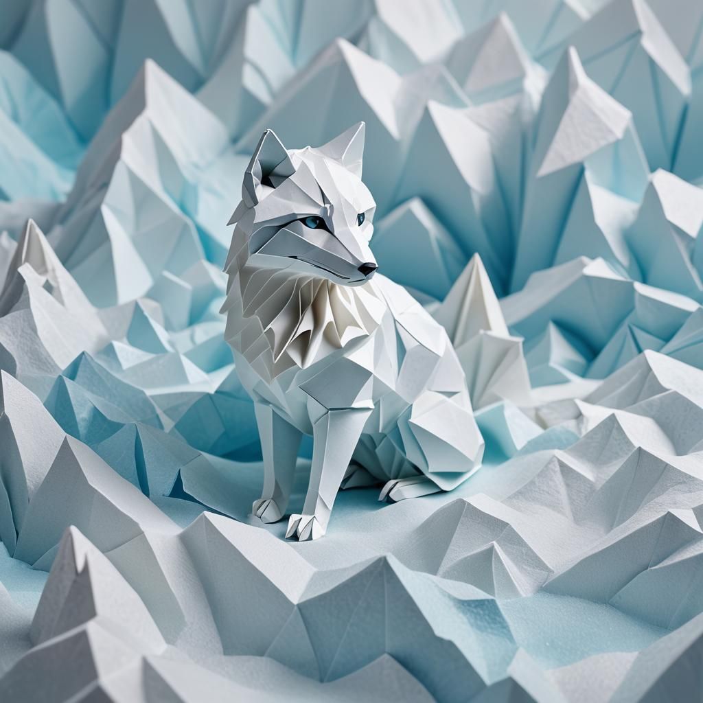 Glowing Origami Arctic Fox on Glacier