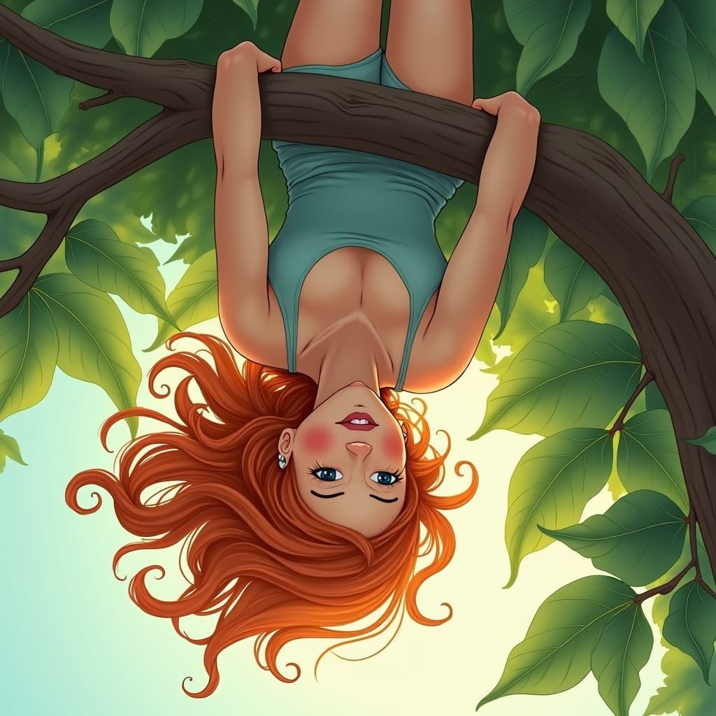 Woman with Orange Hair Hanging from Tree Branch