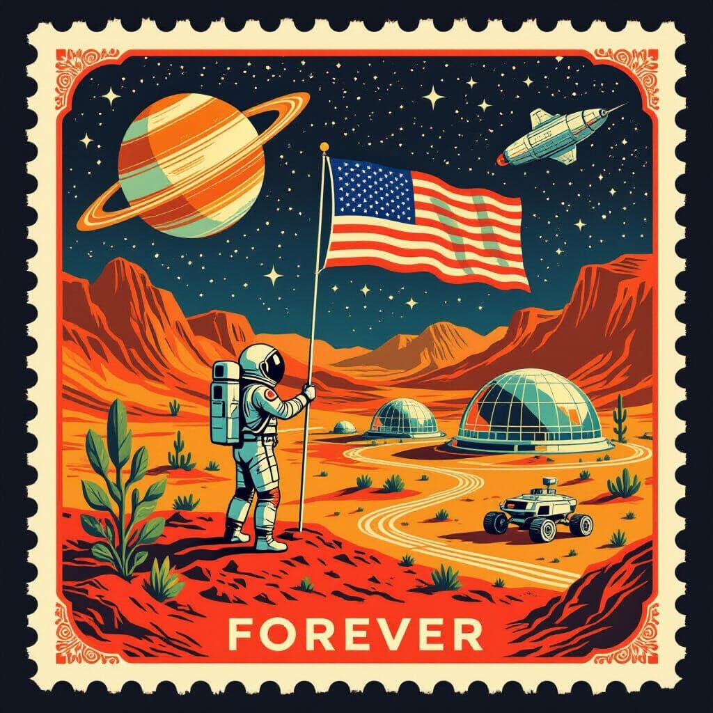 Mars Colony Postage Stamp: Retro-Futuristic Space Exploratio...