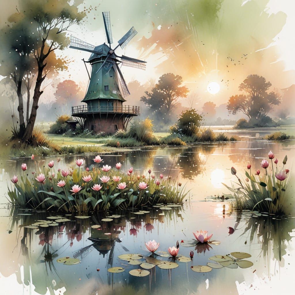Dutch Windmill at Golden Hour in Pastel Gouache Style