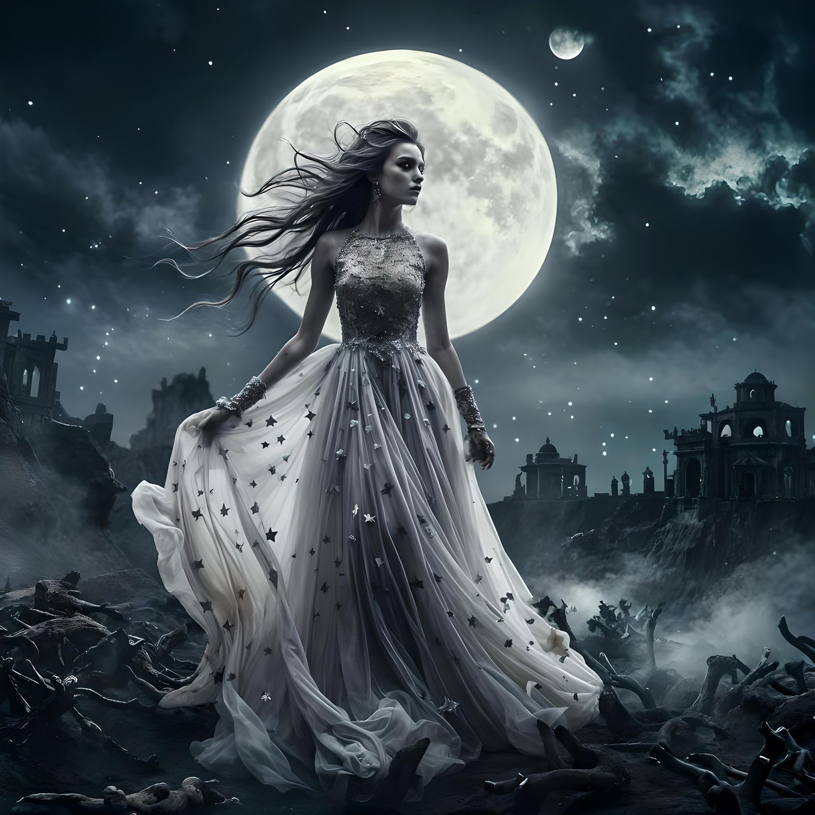 Lunar Woman: A Charcoal Drawing of Solitude