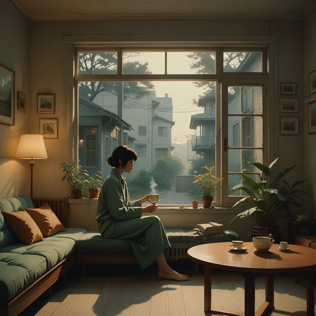 A Melancholic Woman in a Cozy, Golden-Lit Interior