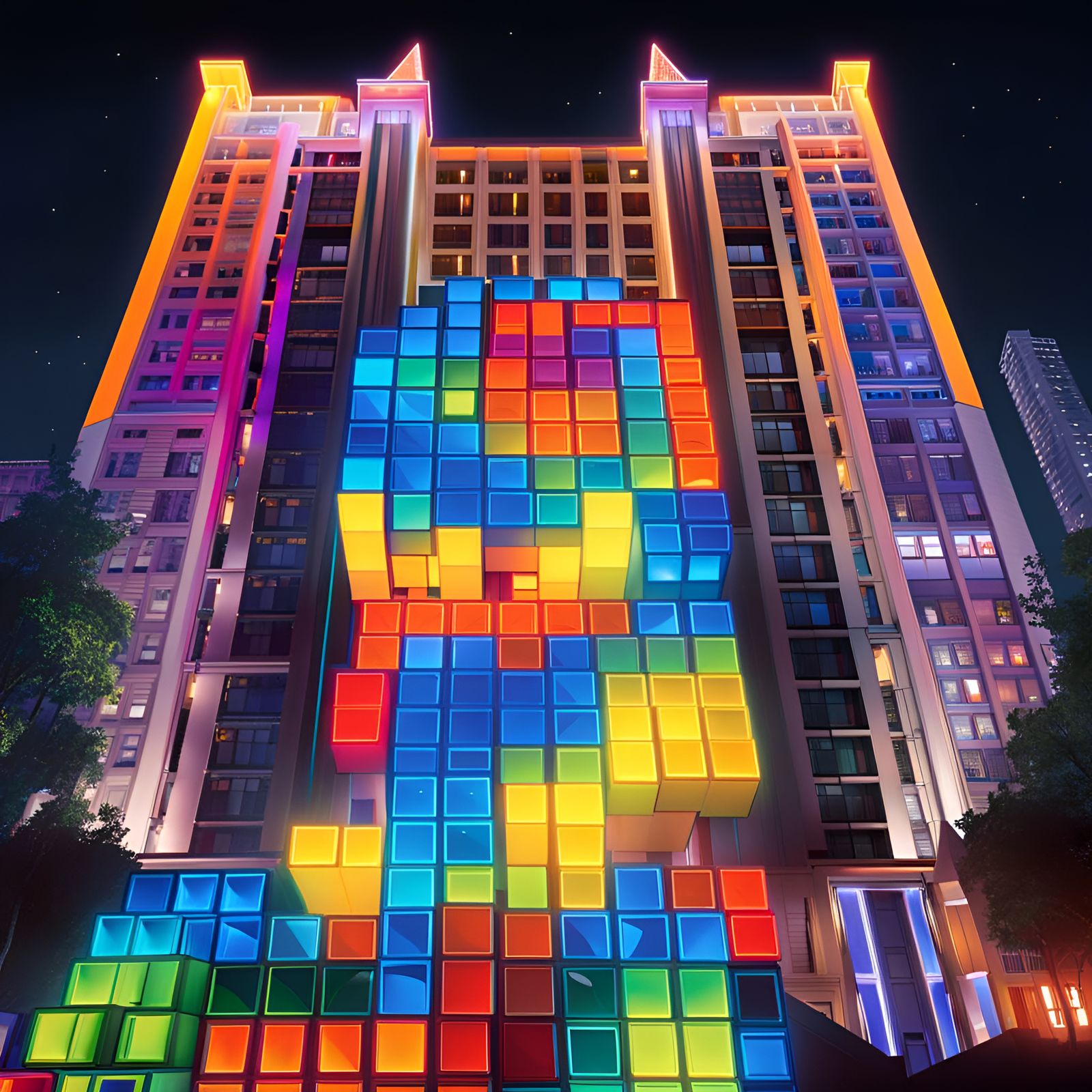 Tetris Graffiti Art on City Building at Night
