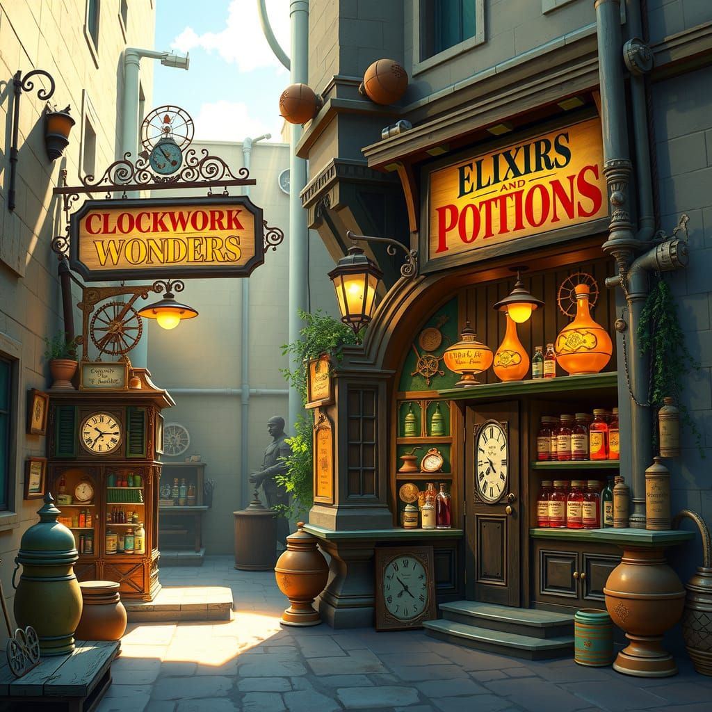 Clockwork Shop and Apothecary in Sunlit Alley