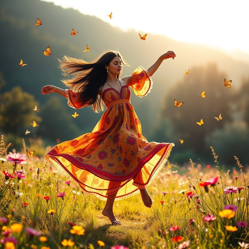 Romantic Gypsy Woman Dances in Whimsical Meadow Scene