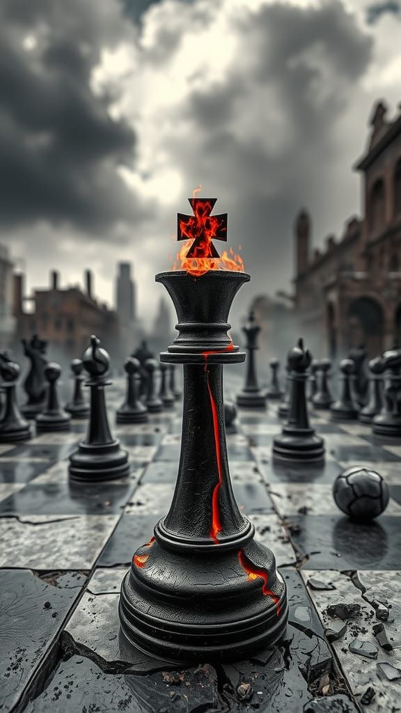 A demonic chessboard in a post-apocalyptic hellscape.