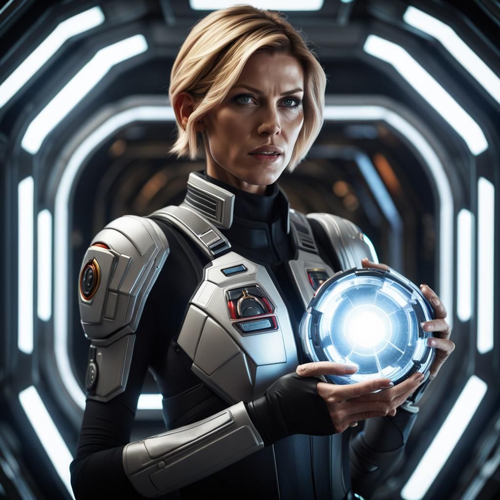 Tricia Helfer Holding Glowing Detonator in Space