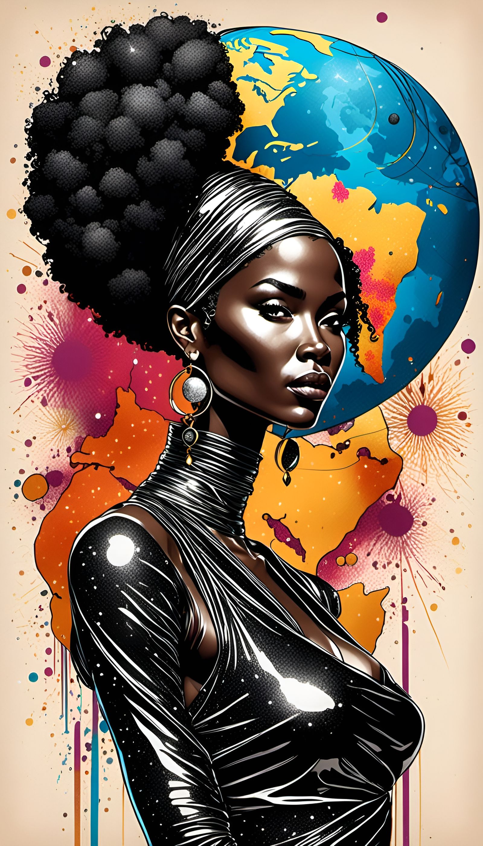 Black Woman Globe Afro Ink Drawing 3D Art