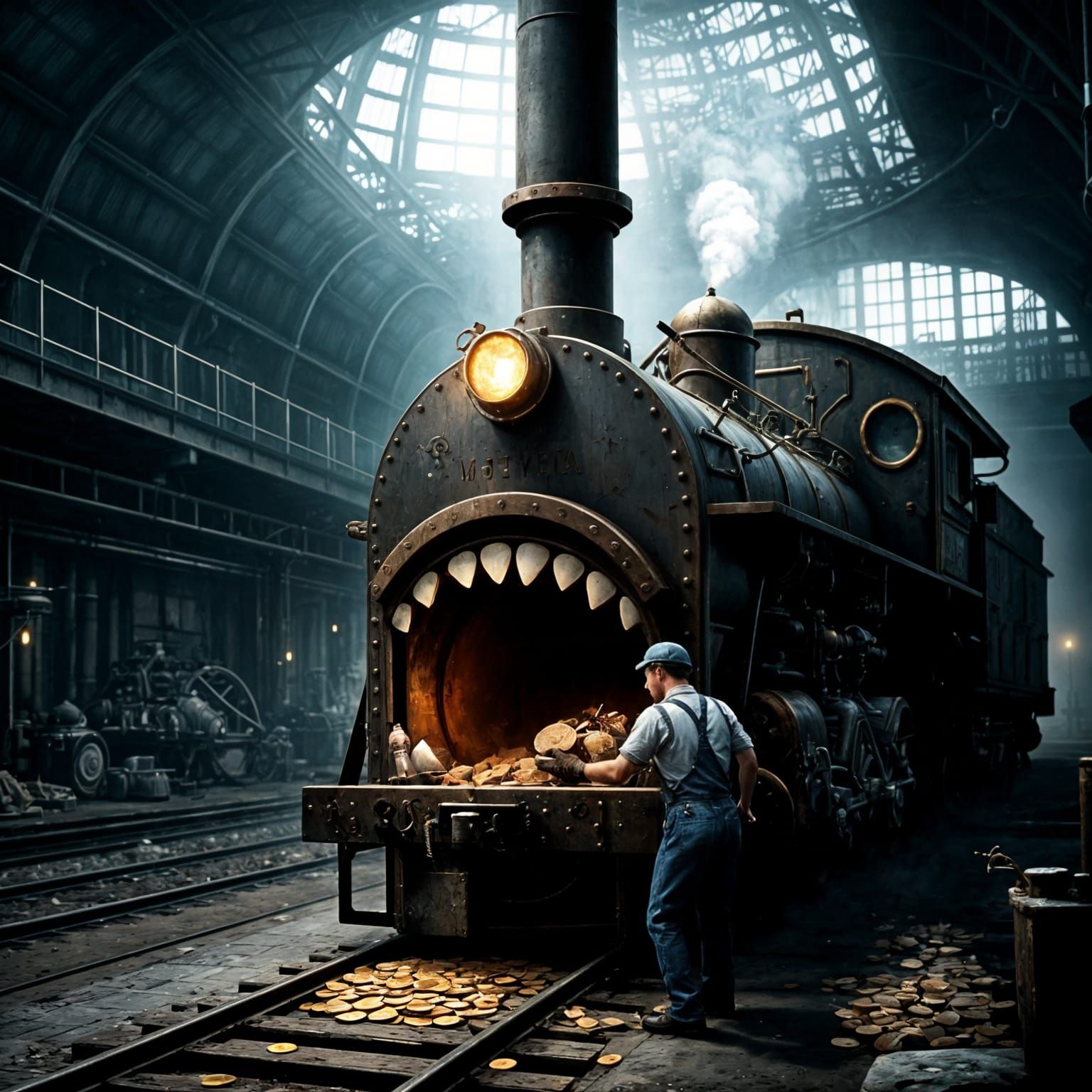 Steampunk Worker Shovels Coins into Dieselpunk Oven